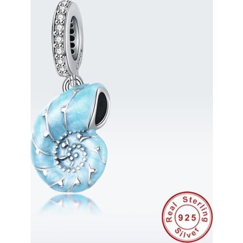 Fit women silver bracelet 100% 925 sterling silver blue conch enamel pendant new high end ocean charm DIY jewelry making