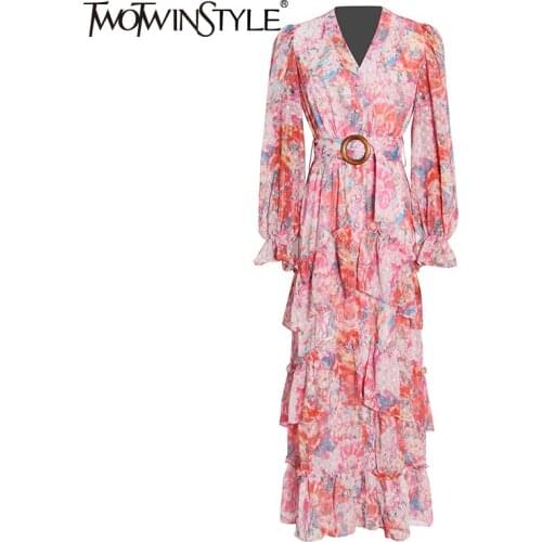 TWOTWINSTYLE Ditsy Floral Vintage Dress For Women V Neck Long Sleeve High Waist Colorblock Casual Mid Dresses Female 2021 Autumn