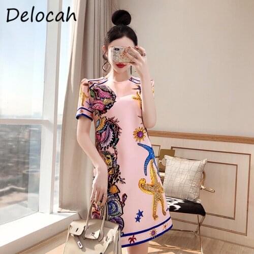 Delocah New 2021 Summer Women Fashion Designer Short Dress Gorgeous Crystal Beading Vintage Printed Ladies Party A-Line Dresses