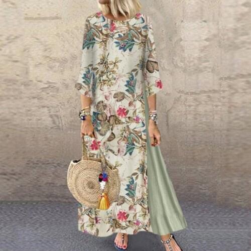 2021 Vintage Patchwork Maxi Dress 3/4 Sleeve Summer Autumn Floral Print Vestidos Female O Neck Casual Robe Dresses Plus Size 5XL