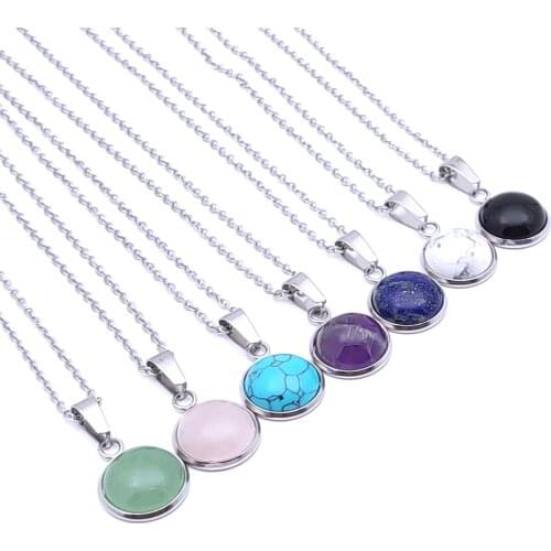 12MM Stone Pendant Stainless Steel Chain Tiger Eye Opal Blue Rose Pink Quartz Crystal Collar Necklace for Women Men Gift