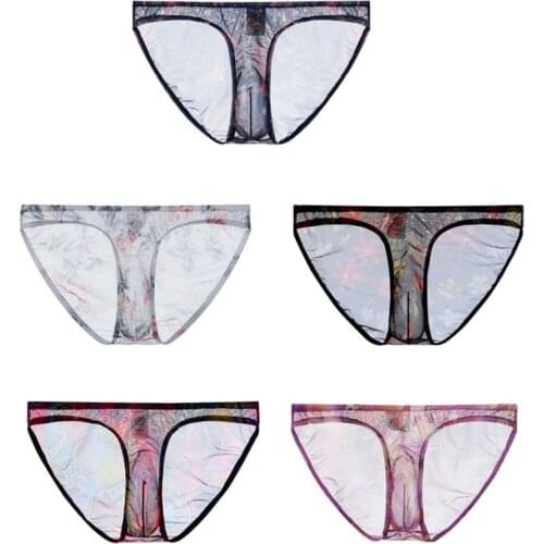 5PCS Mens Sexy See-through Ice Silk Briefs Mesh Sheer Pouch Stretchy Seamless Panties Underwear Transparent Male Underpants