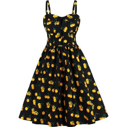 50s 60s A Line Retro Women Dress VD1491 Cotton Sexy Spaghetti Strap Dress Black Fruit Animal Print Party Vintage Dress