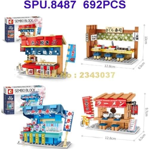 601065 692pcs Urban Retail Shop Japan Food Octopus Sushi Noodle Water Ice Store Mini Street View Building Blocks Toy