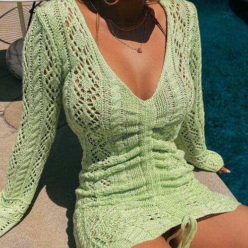 Hollow Knitted Exotic Dresses For Women 2021 Long Sleeves Bandage Loose Clothes Y2K Female Outfit Drawstring Mini Dress Clothes