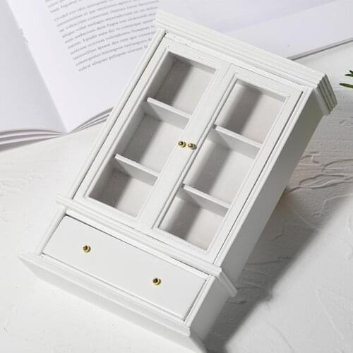 Detailed 1:12 Dollhouse Miniatures Double Door Glass Cabinet Model Kitchen Bar Micro Landscape Decoration
