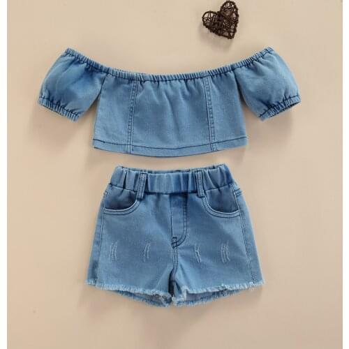 FOCUSNORM 2pcs Infant Kids Girls Denim Clothes Sets 0-5Y Solid Off Shoulder Short Sleeve T Shirts Tops Elastic Shorts