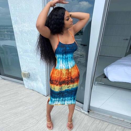 Tie Dyeing Printed Summer Party Wear Dress for Woman Fashion Sexy Sleeveless Low Neck Vestido Streetwear Skinny Clubwear Dress