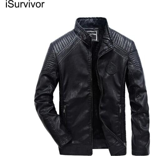 ISurvivor 2021 Autumn and winter mens velvet casual leather jacket stand collar motorcycle suit jacket mens clothing