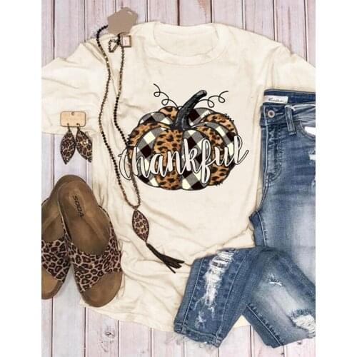 Plaid Leopard Printed Splicing Thankful Pumpkin T-Shirt Tee Beige t shirts for Women 2020 Thanksgiving Top Tees Ladies Clothing