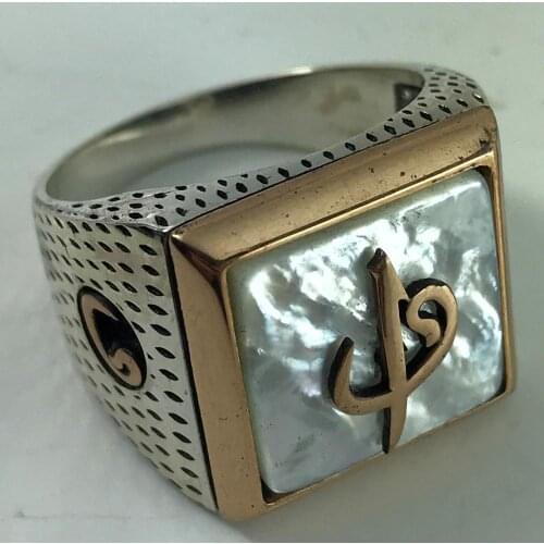 LARGE MIDDLE Gemstone Elif Vav Muslim Tattoo Ring 925 SILVER square Big black Cubic Zirconia BIG Ring TWO SIDES VAV PATTERNED