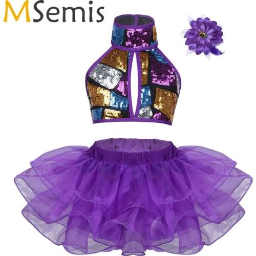 Girl Modern Jazz Hiphop Dance Costume Kids Shiny Sequins Crop Top Tutu Skirt Flower Hair Clip Standard Ballroom Dancing Clothing