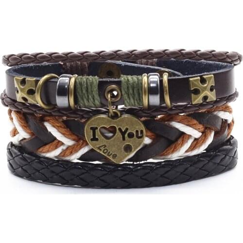 Love Brown Leaf Set Wood Beads Charm Handmade Chain Men Leather Bracelets Women Vintage Bangle Male Homme Jewelry Accessories