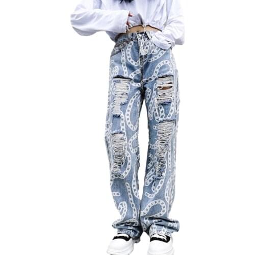 Autumn Fashion Womens Ripped Jeans Casual High Waist Jeans 2021 Trend Street Printed Straight Pants Blue Loose Whiten Trousers