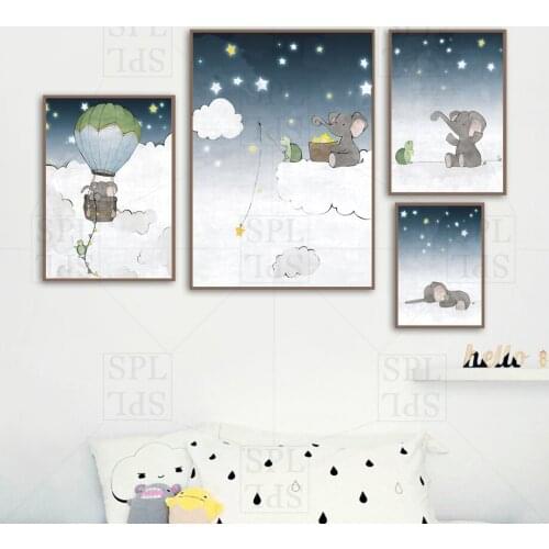 Cartoon Poster Clouds Night Sky Canvas Painting Elephant Tortoise Childrens Room Decoration Wall Picture for Living Room Dream
