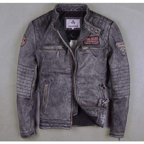 Men Vintage Gray Motorcycle Leather Jackets Genuine Cowshin China Size M-6XL Biker Jackets Winter Coats