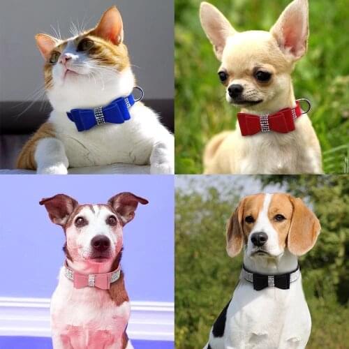 Soft Leather Dog & Cat Collar Rhinestone Flocking Sparkly Crystal Diamonds Studded - Cute Double Bow-knot