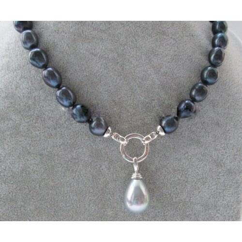 Natural 18" black baroque freshwater pearl necklace with gray shell pendant free shipping