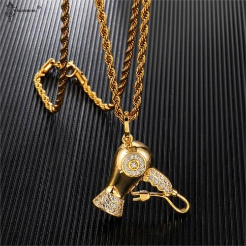 3.4x3.8cm Hip Hop Bling Iced Out Cubic Zircon Hair Dryer Pendants & Necklaces Copper Necklace For Men Jewelry With Tennis Chain