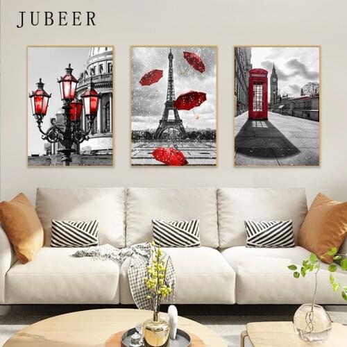 Nordic Style Landscape Poster Paris Tower Red Telephone Booth Wall Art Picture Cuadros Decoracion Salon Posters And Prints
