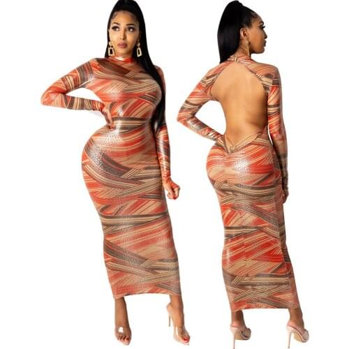 Zoctuo Dress For Women Colorful Striped Print Open Back Dress Patchwork Long Sleeve Bodycon Maxi Pencil Night Club New Dress