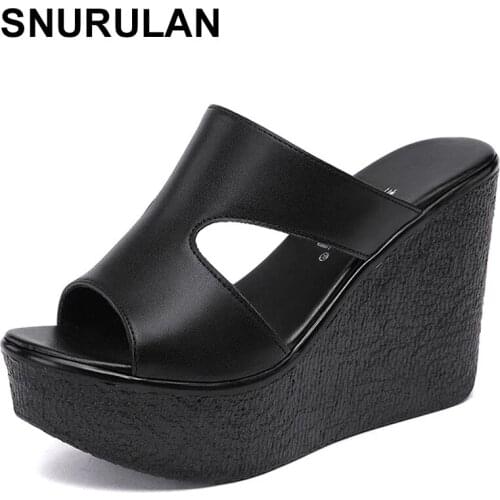SNURULAN New Women Sandals Comfortable Genuine Leather Thick Heels Womens Casual Shoes Summer Platform Sandal Womens High Heel