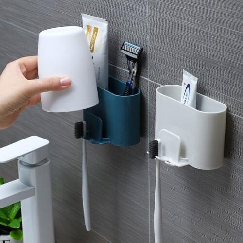 Punch-Free Toothbrush Holder Wall-Mounted Mouthwash Cup Holder Bathroom Storage Rack Cosmetic Storage Rack Bathroom Accessories