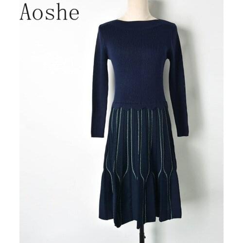 Spring One-character Collar Hollow Sleeve Elastic Knitted Dress New Fashionable Elegant Dress