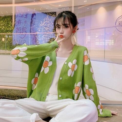 V-neck Knitted Cardigans Female Casual Oversized All-match Sweater One Size Womens Korean Style Floral Printing