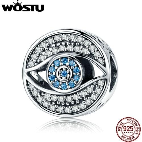 WOSTU Romantic 925 Sterling Silver Lucky Blue Eye Clear CZ Guarding Charm Beads fit Women Charm Bracelet DIY Jewelry CQC565