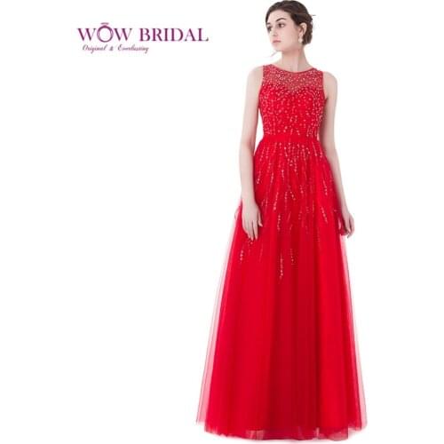 Wowbrial Red Evening Dress O Neck Sleeveless Party Dresses Flower Evening Gowns Side Zipper 26405