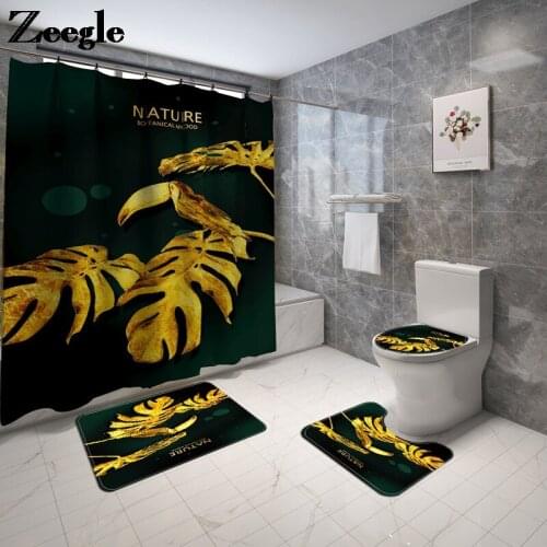 3D Leaf print Bath Mat and Shower Curtain Set Waterproof Home Shower Curtain Polyester Bathroom Carpets Set Anti-slip Foot Pad