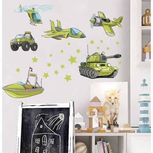 Green Cartoon Wall Stickers Kids Boy Bedroom Teen Room Decor 3D Airplanes Cars Boats Tanks Vinyl Wallstickers Nursery Decals