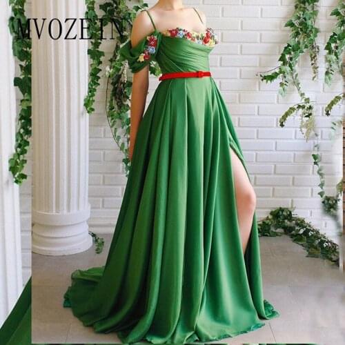 MVOZEIN Green Evening Dresses Long Spaghetti Strap Satin High Split Floor Length Evening Dress Formal Gowns robe de soiree 2019