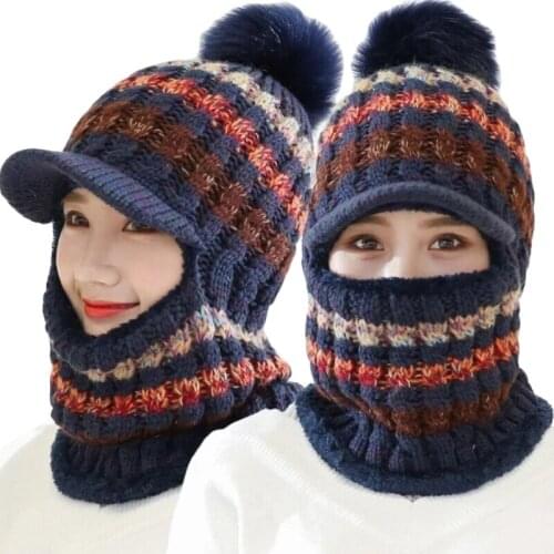 Women Winter Knit Balaclava Beanie Hat with Visor Brim Colorful Striped Pompom Ski Face Mask Plush Lined Neck Warmer