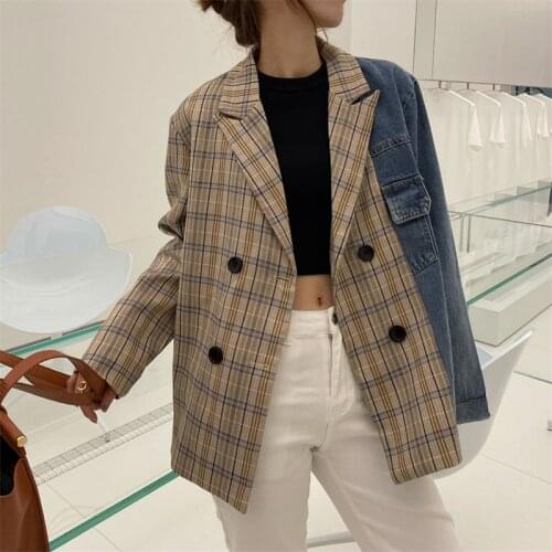 Autumn Vintage Women Plaid Patchwork Denim Blazers Korean Loose Double Breasted Long Sleeve Suit Jacket Casual Jaqueta Feminina