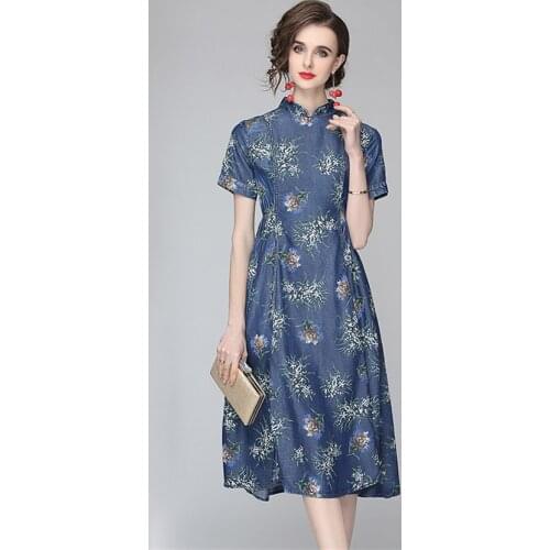 High Quality Fashion Designer Dress Summer Denim Dress Women Short Sleeve Floral Print Vintage Cheongsam Dresses Chinese Style