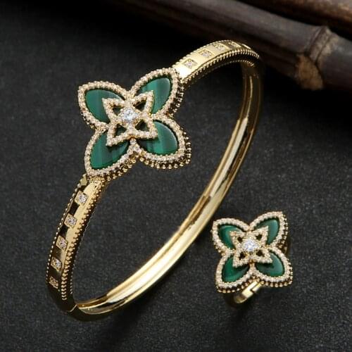 Zlxgirl luxury Korean style four-leaf clover zircon bangle and ring ladies fashion classic bracelet four-leaf flower jewelry set