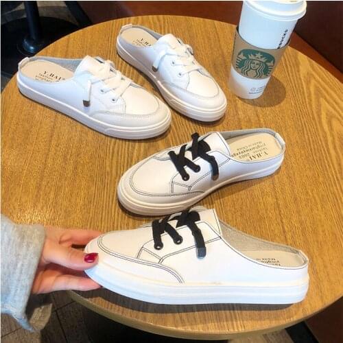 White Flat Shoes for Women, Korean Style Fashionable Casual Half Shoes, Lace-up Mules