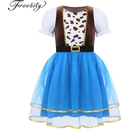 Kids Girls Dress Cowgirl Cosplay Costume Short Puff Sleeve Cows Printed Mesh Tutu Dress Girl Children Halloween Party Dress Up