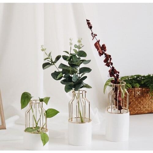 Gold Color Ceramic Flower Pot Vase Garden Plant Succulent Flowerpot with Iron Flower Display Stand Metal Rack Home Decorative