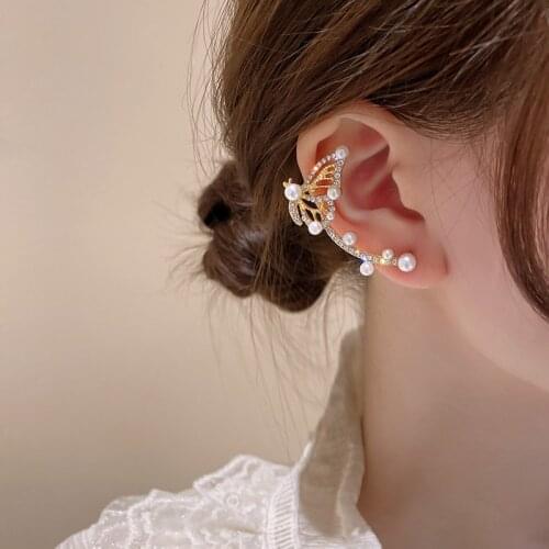 New Fashion Jewelry Rhinestone Elves Butterfly Ear Clip Single Pearl Clip on Earrings Women Girl Birthday Gift