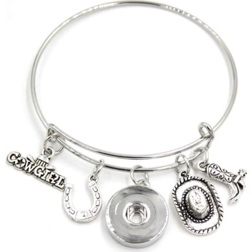 Cowgirl Charm Bracelet Western Cowgirl hat boot Charms 18mm Liobonar Snap Buttons Charms Bracelets Women Jewelry Pulsera