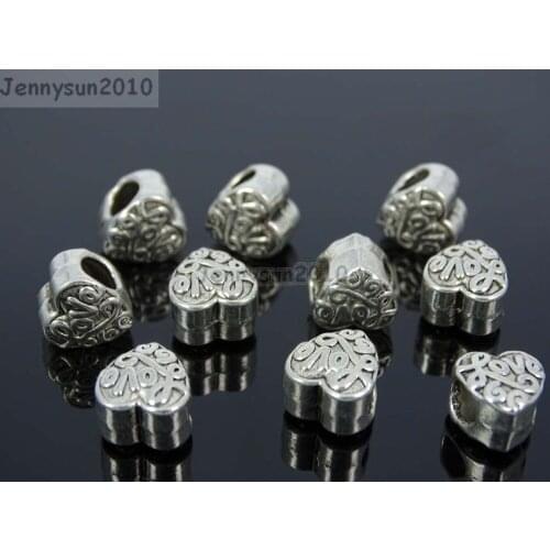Loving Heart Tibetan Silver Big Hole Connector Metal Spacer European Charm Beads Jewelry Design Findings Crafts 50Pcs/Pack