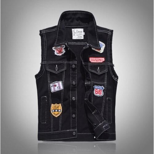 Mens Fashion Denim Vest Black Patches Waistcoat Plus Size 5XL Male Slim fit Sleeveless Jacket