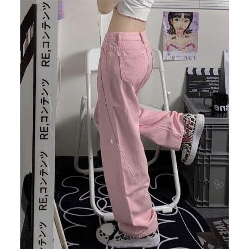 Harajuku Soft Sweet Pink Denim Pants Female Ghost Horse High Waist Loose Bloomers Summer Chic Hip Hop Punk Straight Long Pants