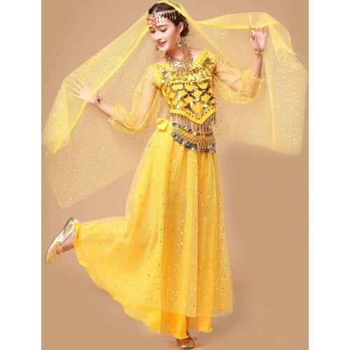 Belly Dance Costume Set Indian Dance Dress Bellydance Wear Tribal Women Bollywood Dance Costumes Top+Dress+Belt+Veil+Headchain