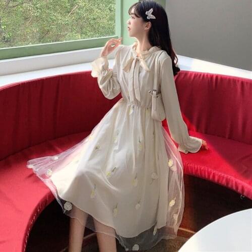 Autumn 2020 New Mori Sweet Hipster Chiffon Long-Sleeved Dress Waist Hugging Slim Overknee kawaii clothing sweet lolita dress