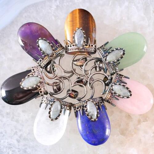 Necklace Pendant Natural Stone Bead Gray Labradorite White Crystal Quartz Antique Crown Half Moon Pendant for Men Women