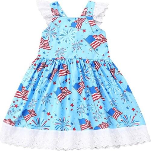 Pudcoco 1-6Y Dress Summer Fashion Butterfly Short Sleeve Lace Hem Independence Day Star Striped Print A-Line Loose New Sundress